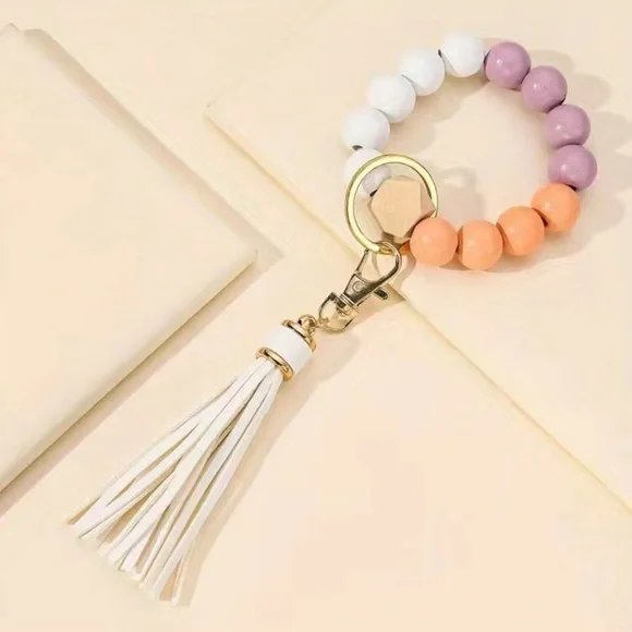 Peach, White, and Purple Wooden Beaded Keychain with White Tassel NEW - Picture 2 of 3